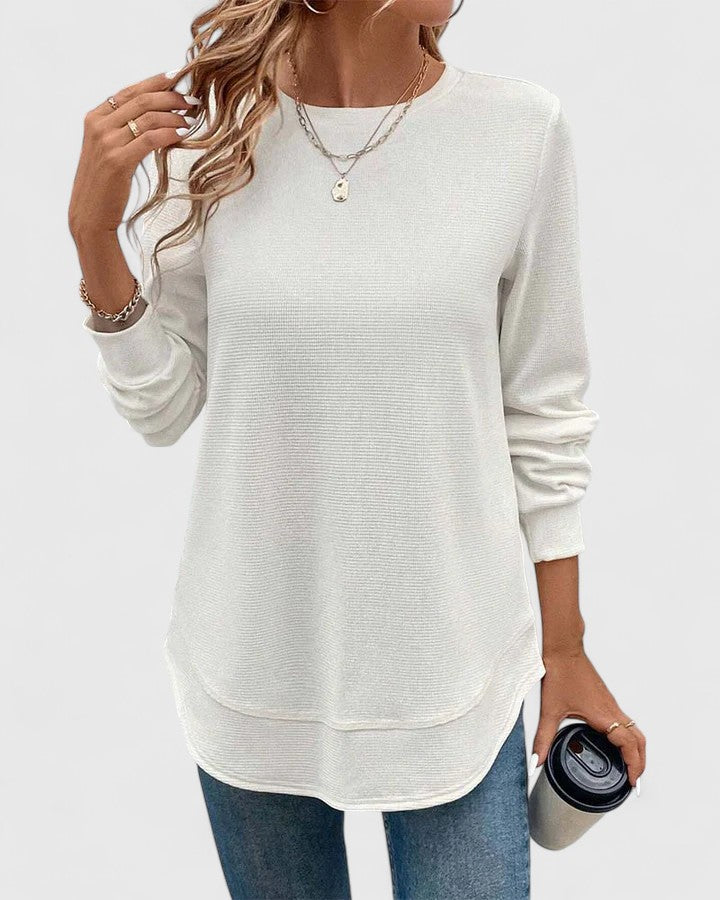 Women's Waffle Knit Crew Neck Top with Long Sleeves