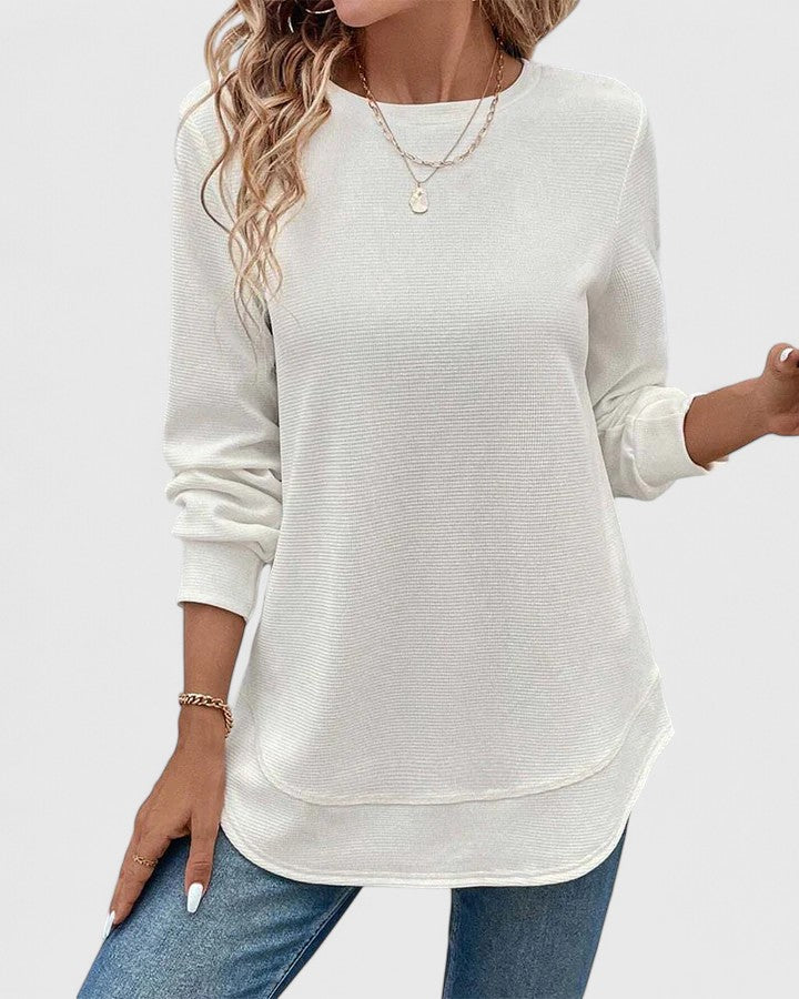 Women's Waffle Knit Crew Neck Top with Long Sleeves – White