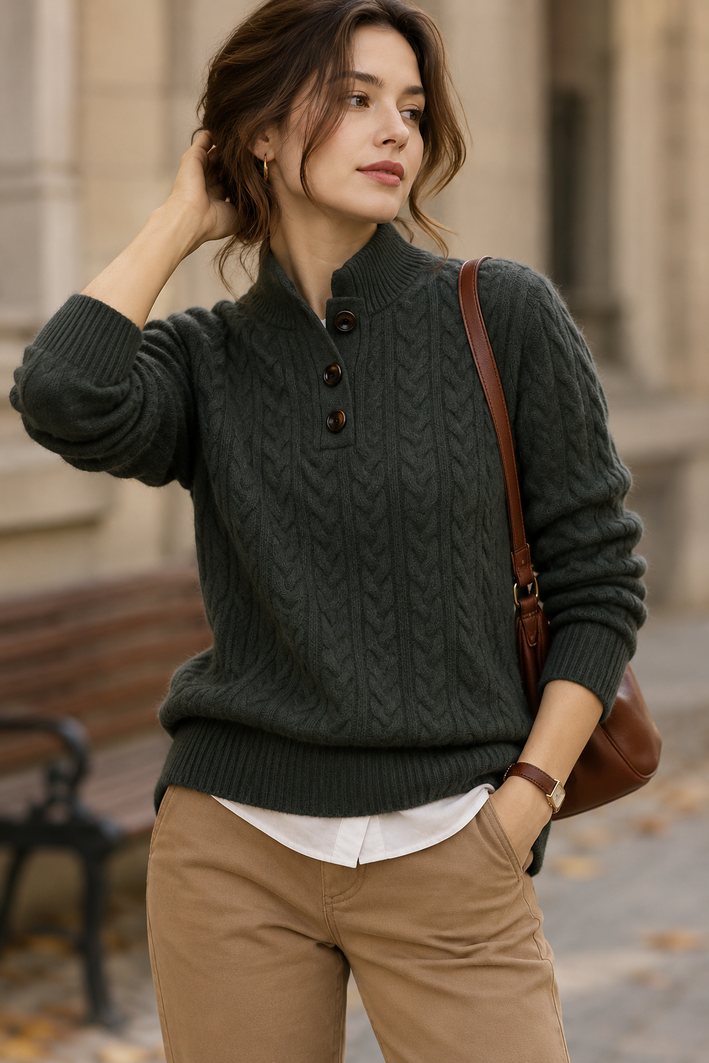 Women's Cable Knit Jumper with Button Neck