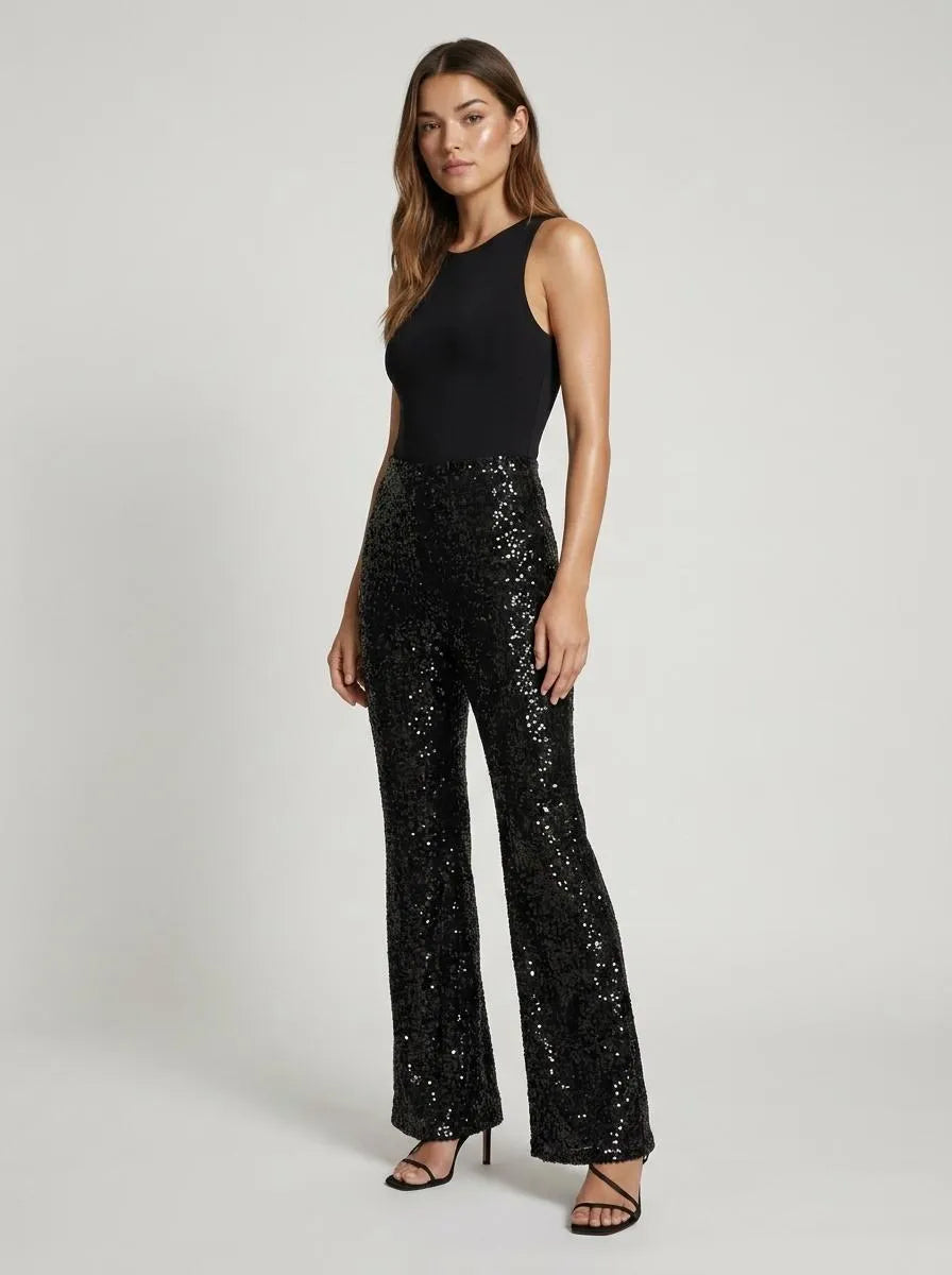 Women's Sequin Flare Trousers with Elastic Waist