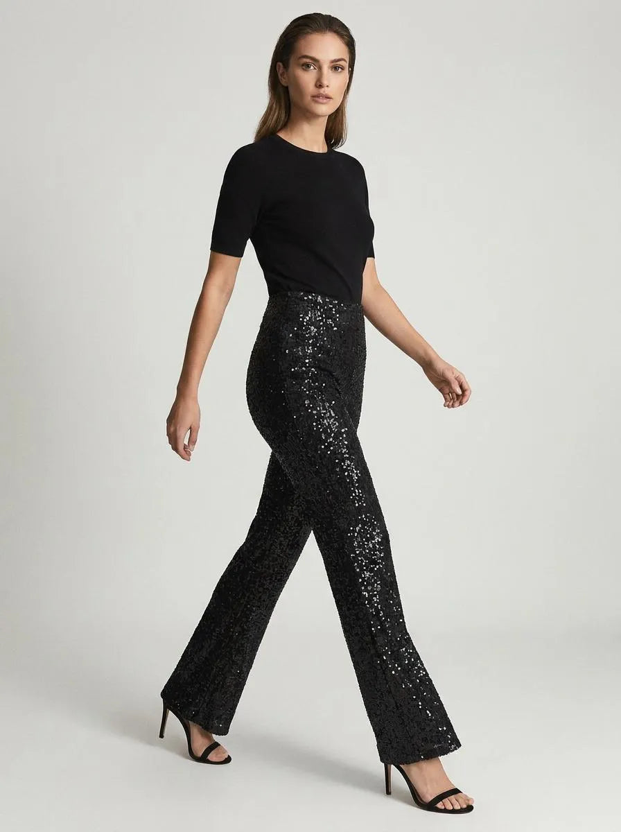 Women's Sequin Flare Trousers with Elastic Waist