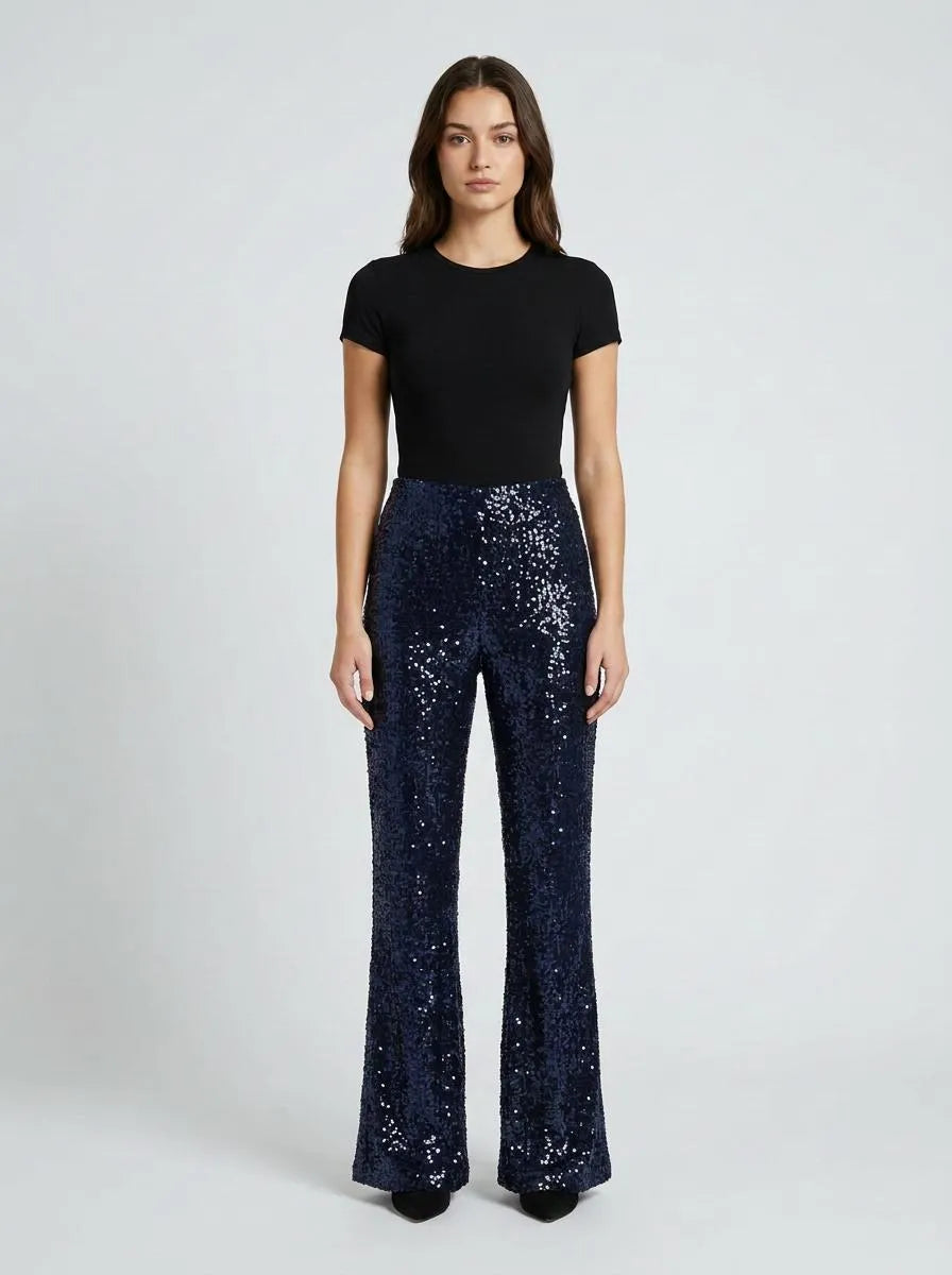 Women's Sequin Flare Trousers with Elastic Waist – Navy