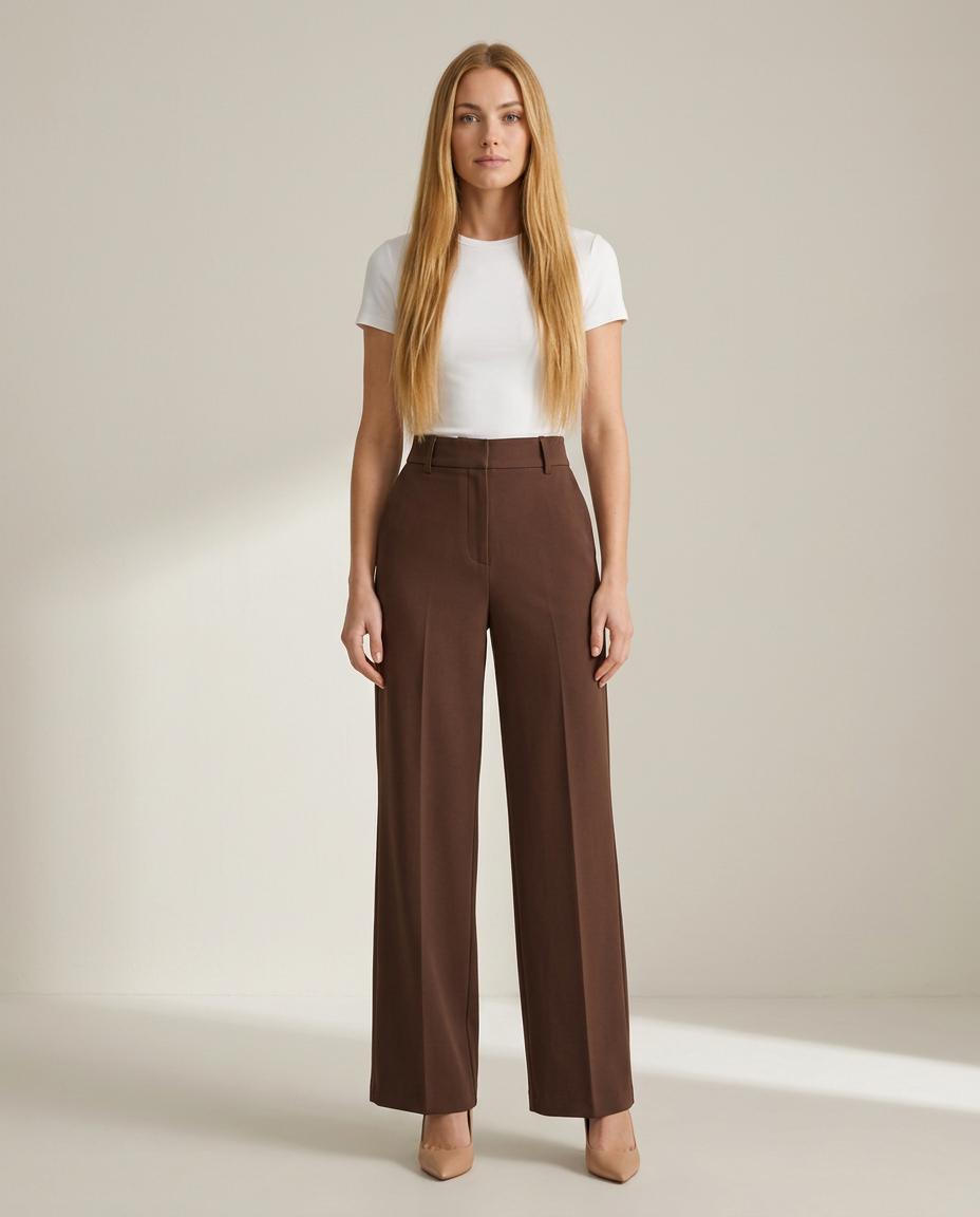 Women's High Waisted Wide Leg Trousers with Pleats – Brown