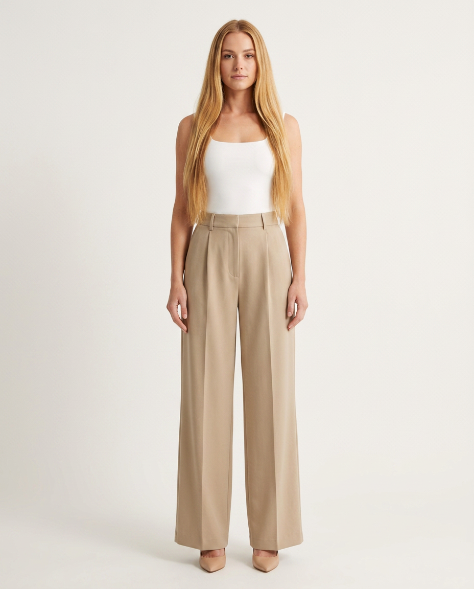 Women's High Waisted Wide Leg Trousers with Pleats – Beige