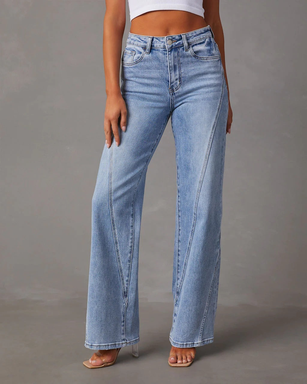 Women's High Waisted Straight Leg Jeans with Seam Details