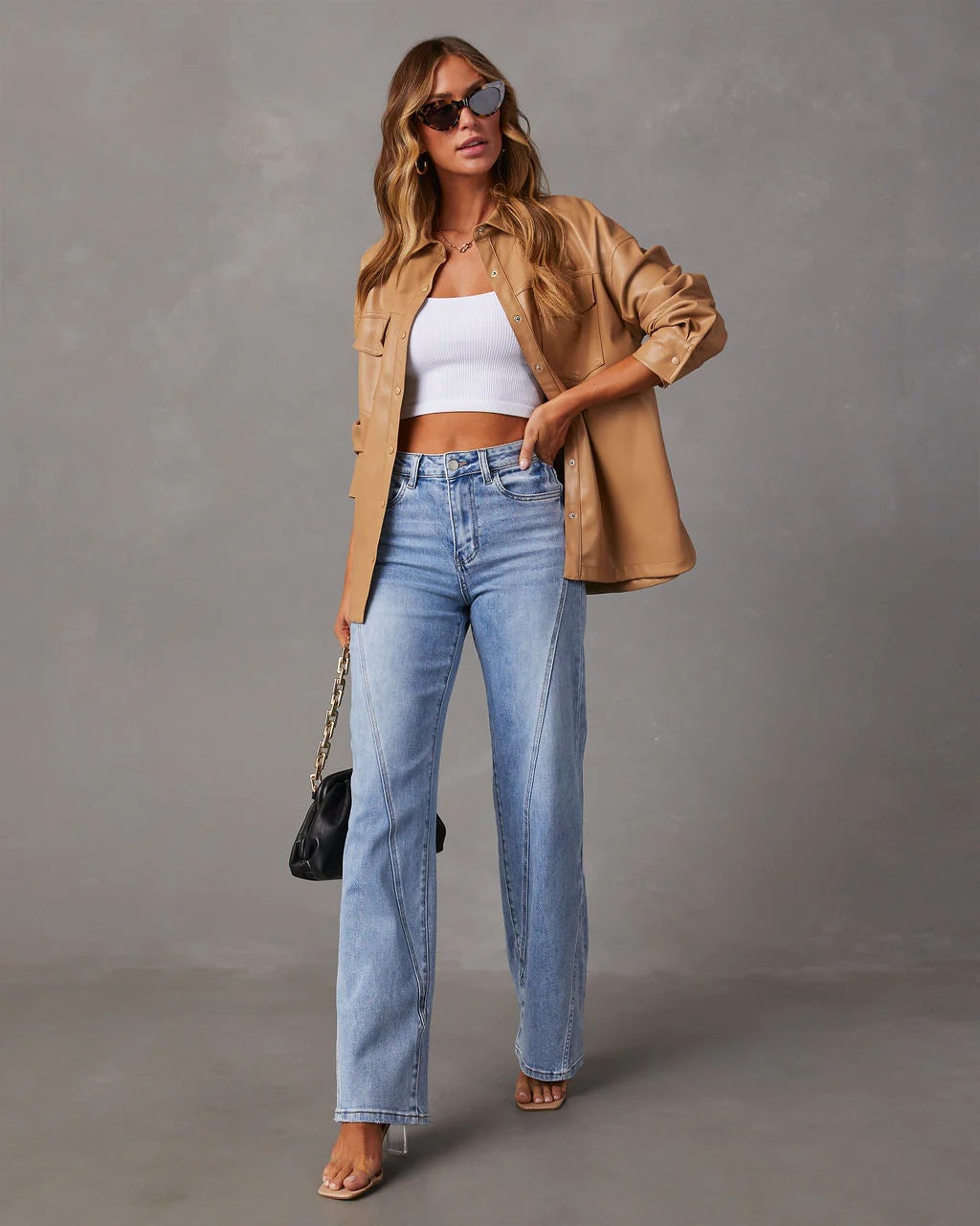Women's High Waisted Straight Leg Jeans with Seam Details