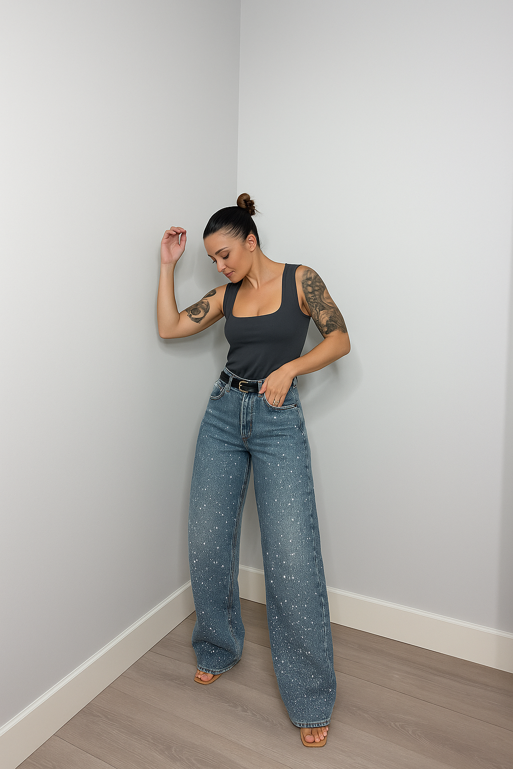Women's High Waisted Wide Leg Glitter Jeans – Blue