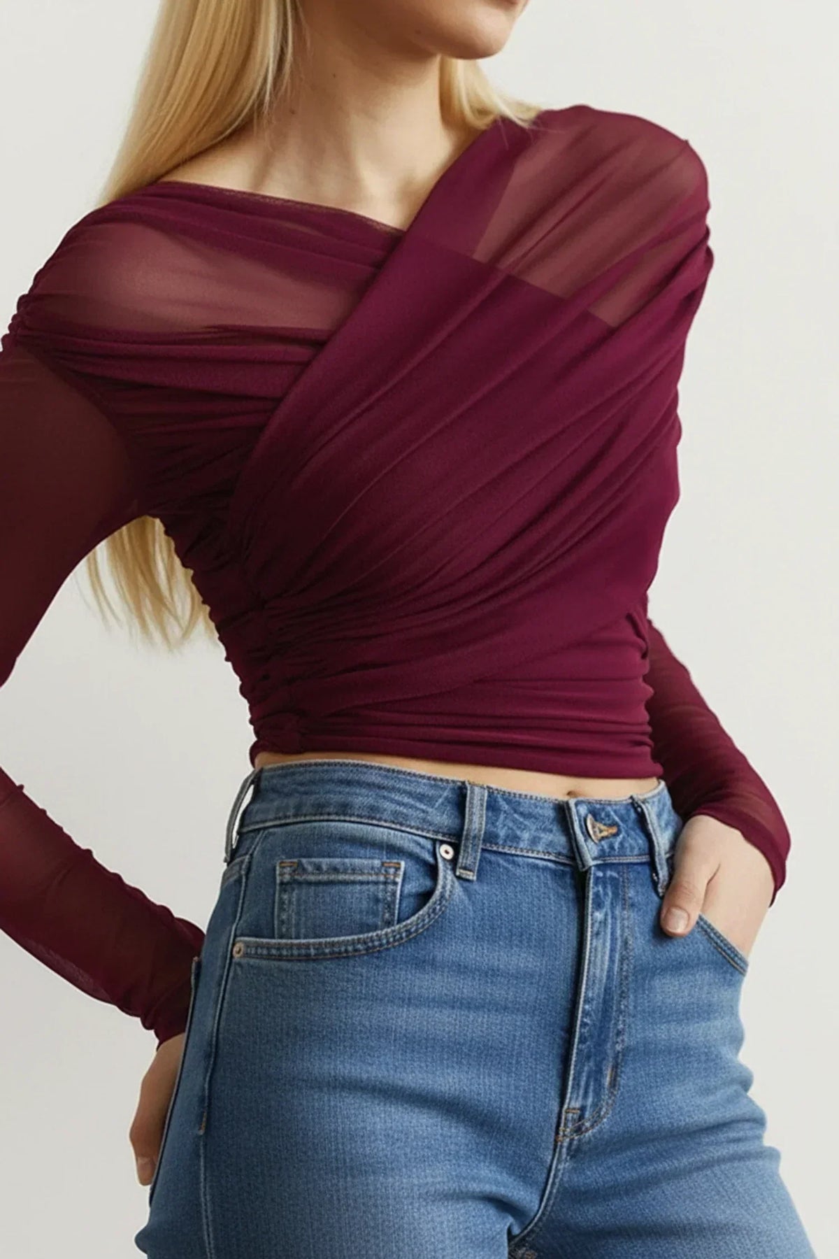Women's Fitted Ruched Top with Long Sleeves