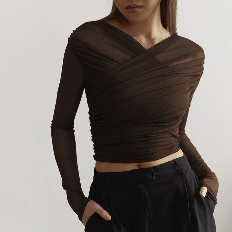 Women's Fitted Ruched Top with Long Sleeves – Brown
