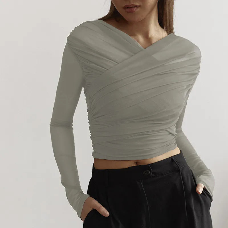 Women's Fitted Ruched Top with Long Sleeves – Apricot