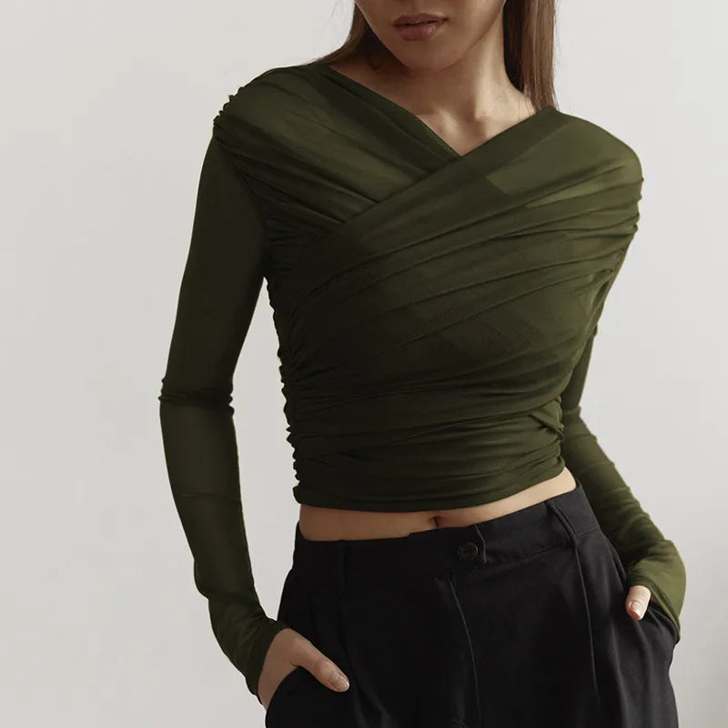 Women's Fitted Ruched Top with Long Sleeves – Green