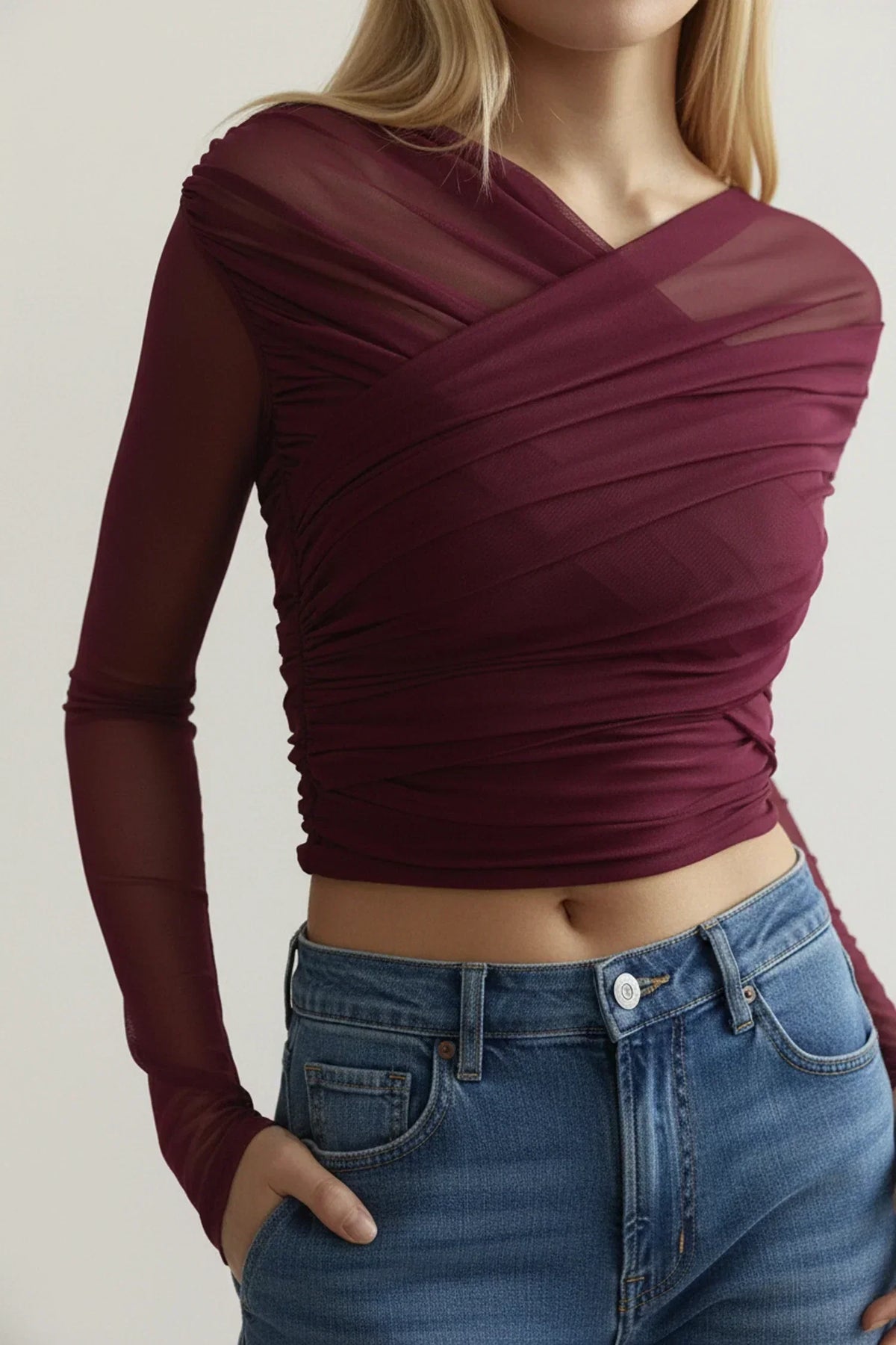 Women's Fitted Ruched Top with Long Sleeves – Burgundy