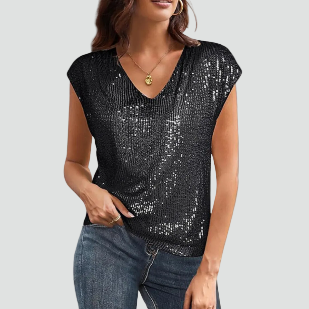 Women's Sequin V-Neck Top with Short Sleeves – Black