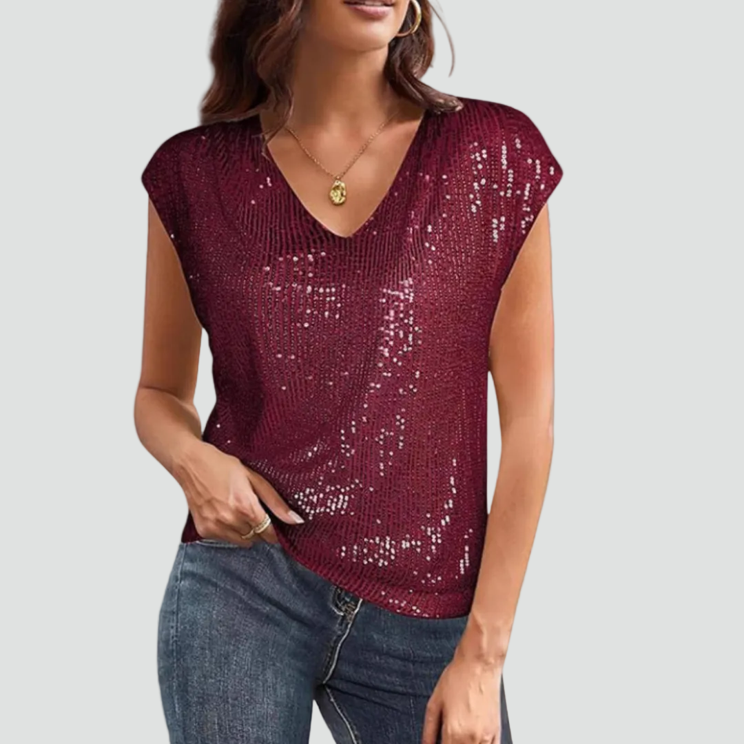 Women's Sequin V-Neck Top with Short Sleeves – Red