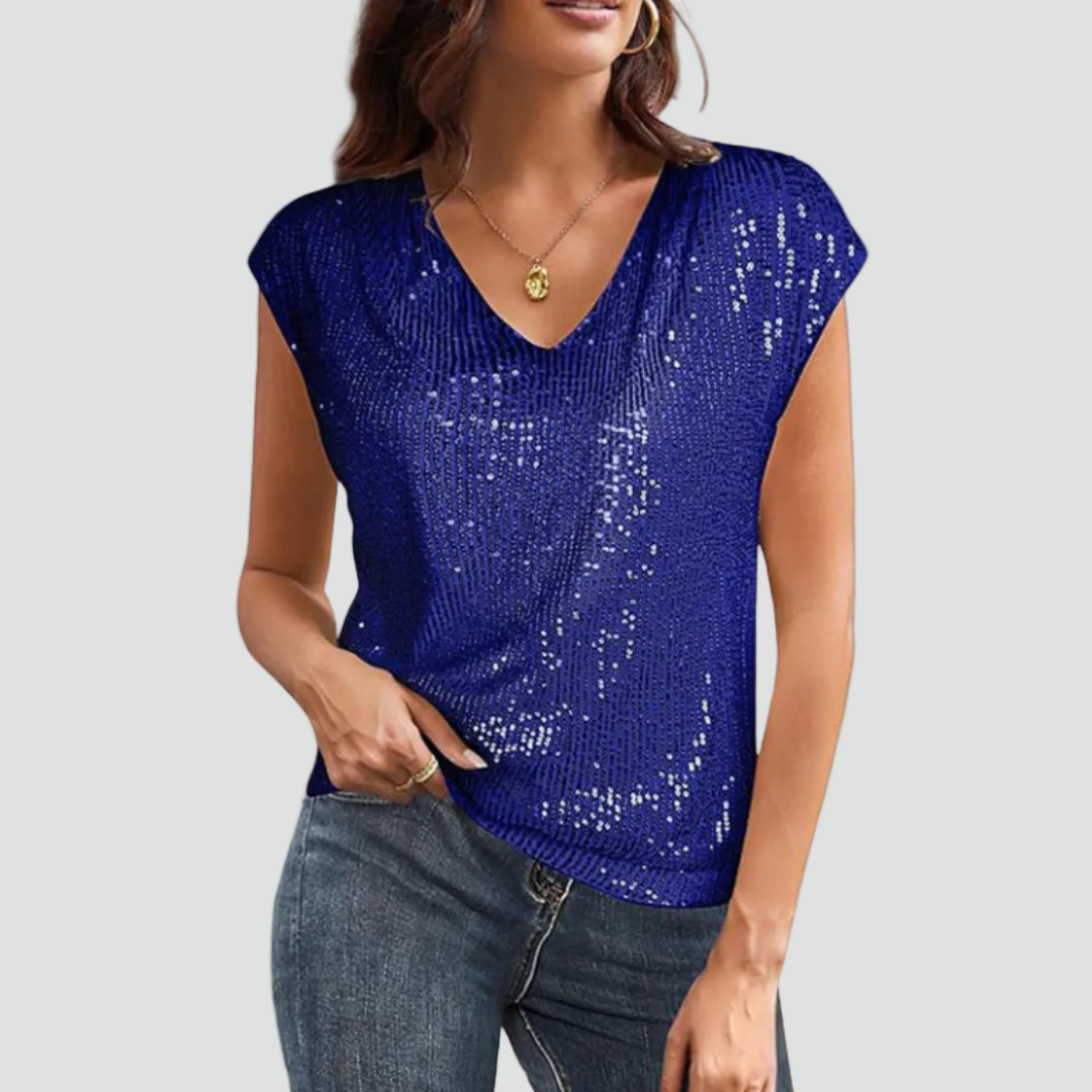 Women's Sequin V-Neck Top with Short Sleeves – Blue