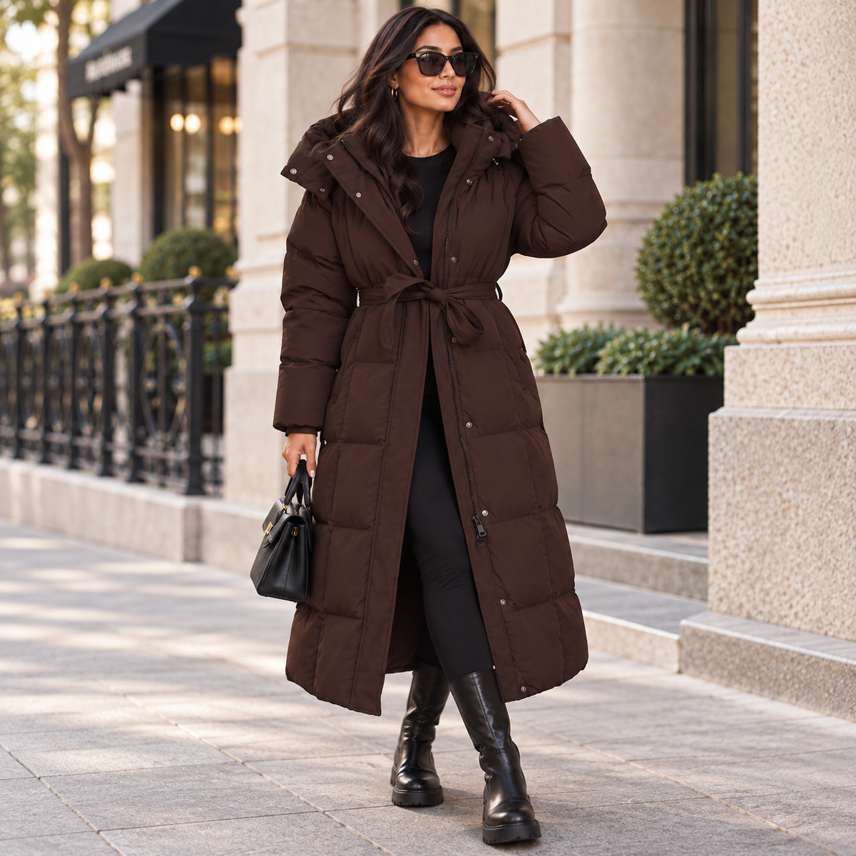 Women's Long Padded Winter Coat with Belt – Burgundy 1
