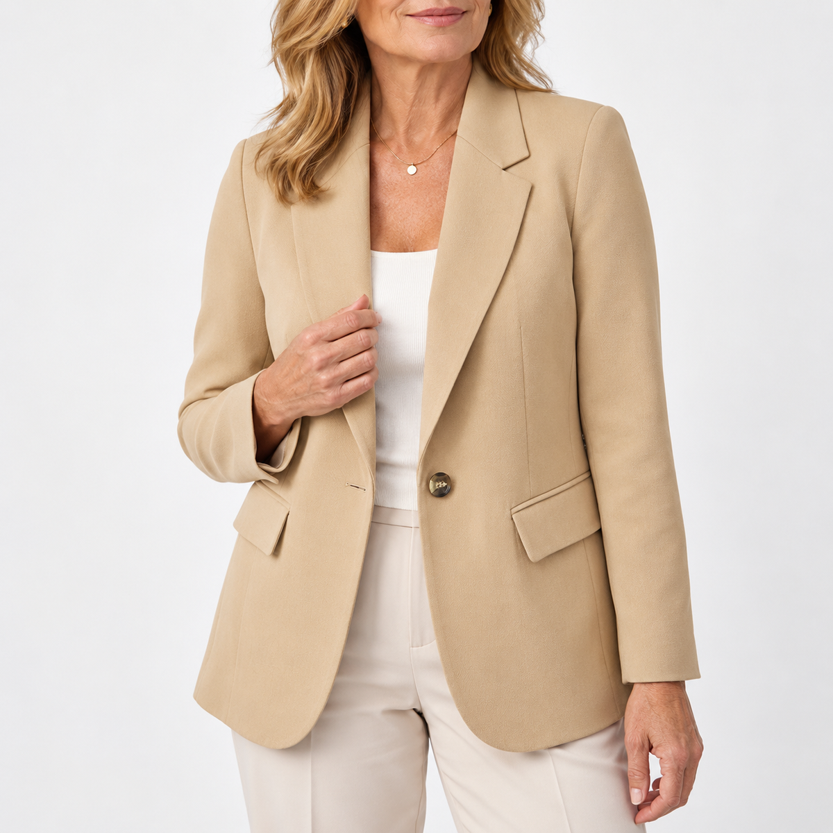 Women's Classic One-Button Tailored Blazer – Beige