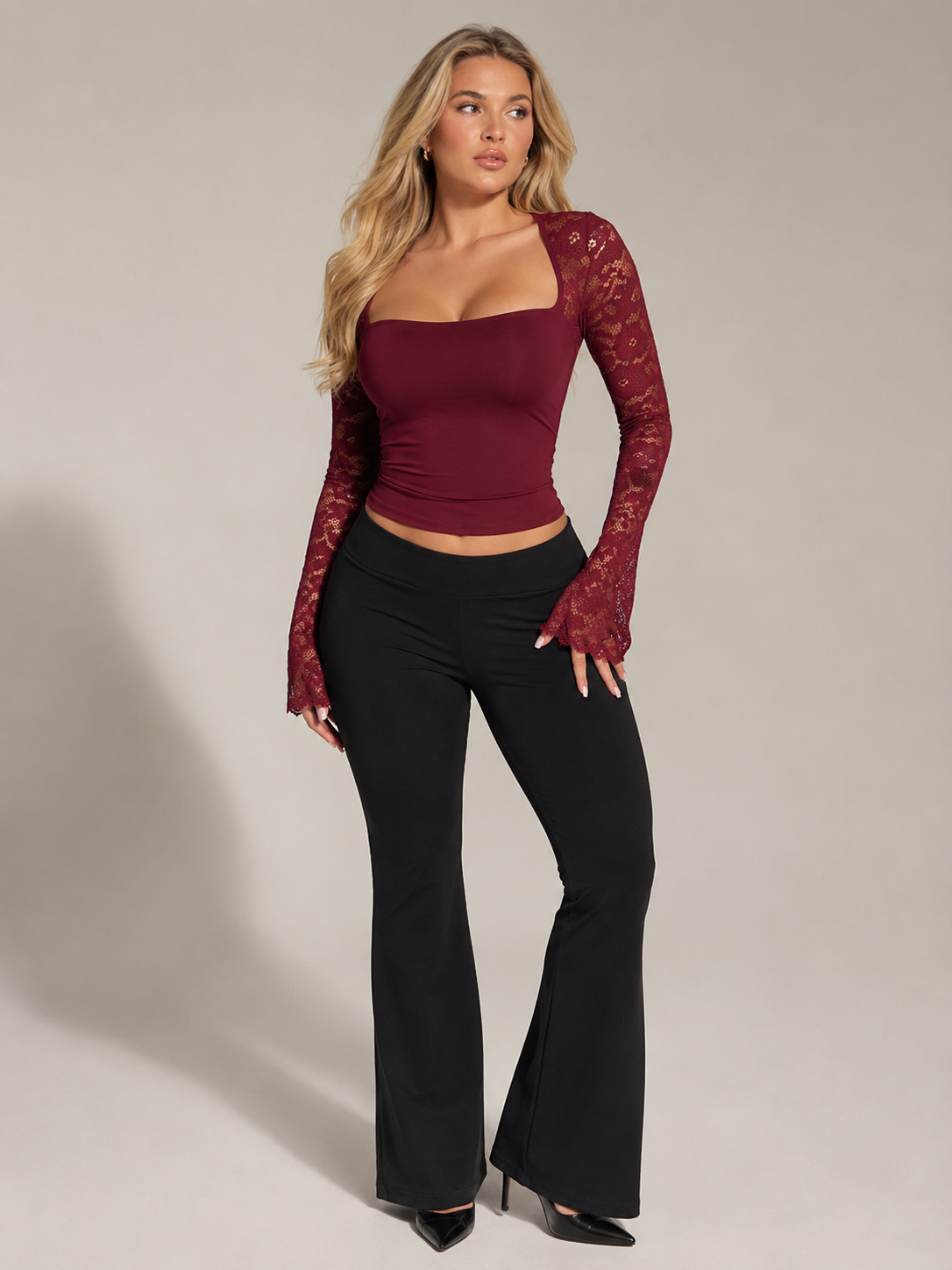 Women's Square Neck Top with Lace Flared Sleeves – Burgundy