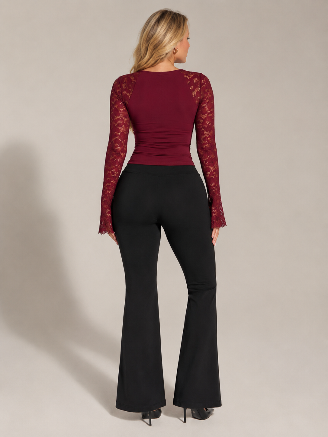 Women's Square Neck Top with Lace Flared Sleeves