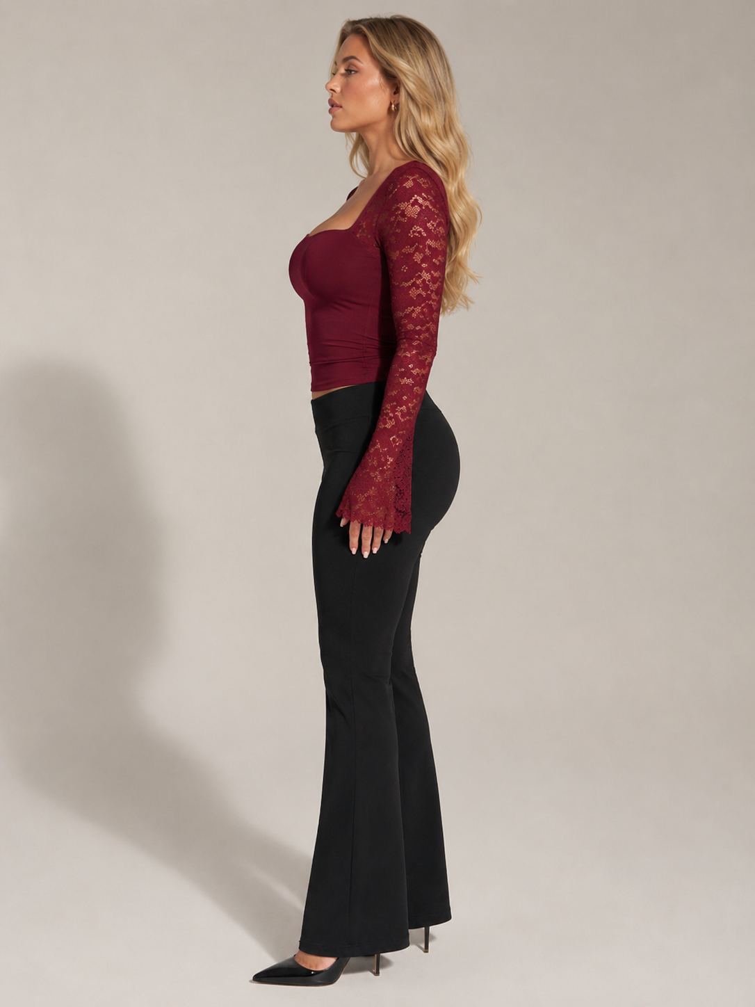 Women's Square Neck Top with Lace Flared Sleeves