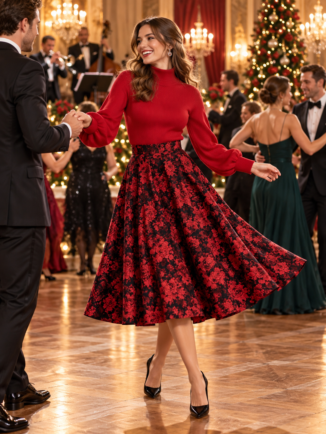 Mock Neck Knit Top and Floral Jacquard Midi Skirt Set