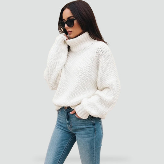 Women's Chunky Knit Cropped Turtleneck Jumper – White