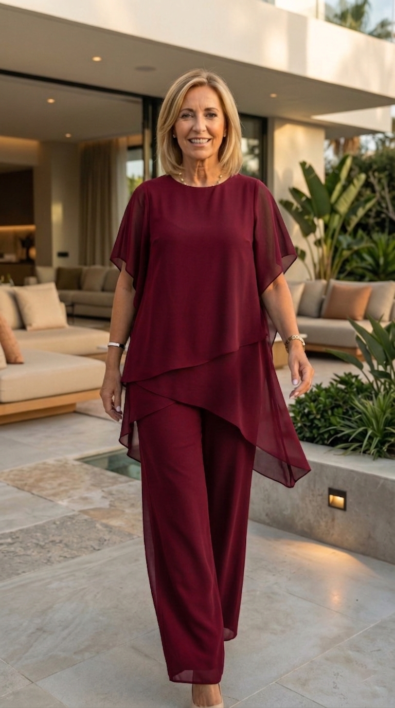 Chiffon Two-Piece Set - Dark Red