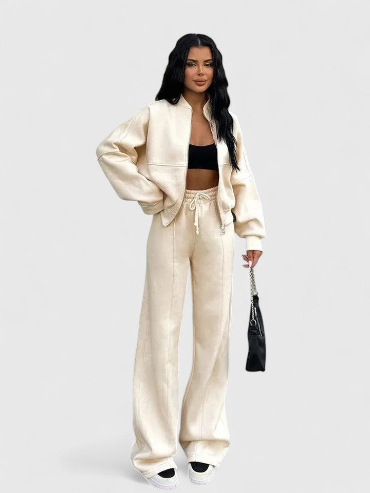 Relaxed Half-Zip Two-Piece Set - Beige