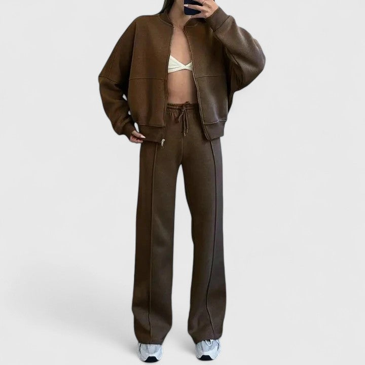 Relaxed Half-Zip Two-Piece Set - Brown