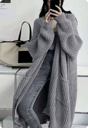 Women's Long Knitted Cardigan with Pockets – Light Grey