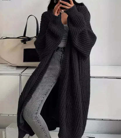 Women's Long Knitted Cardigan with Pockets – Black
