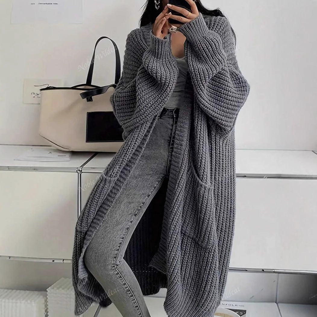 Women's Long Knitted Cardigan with Pockets – Dark Grey