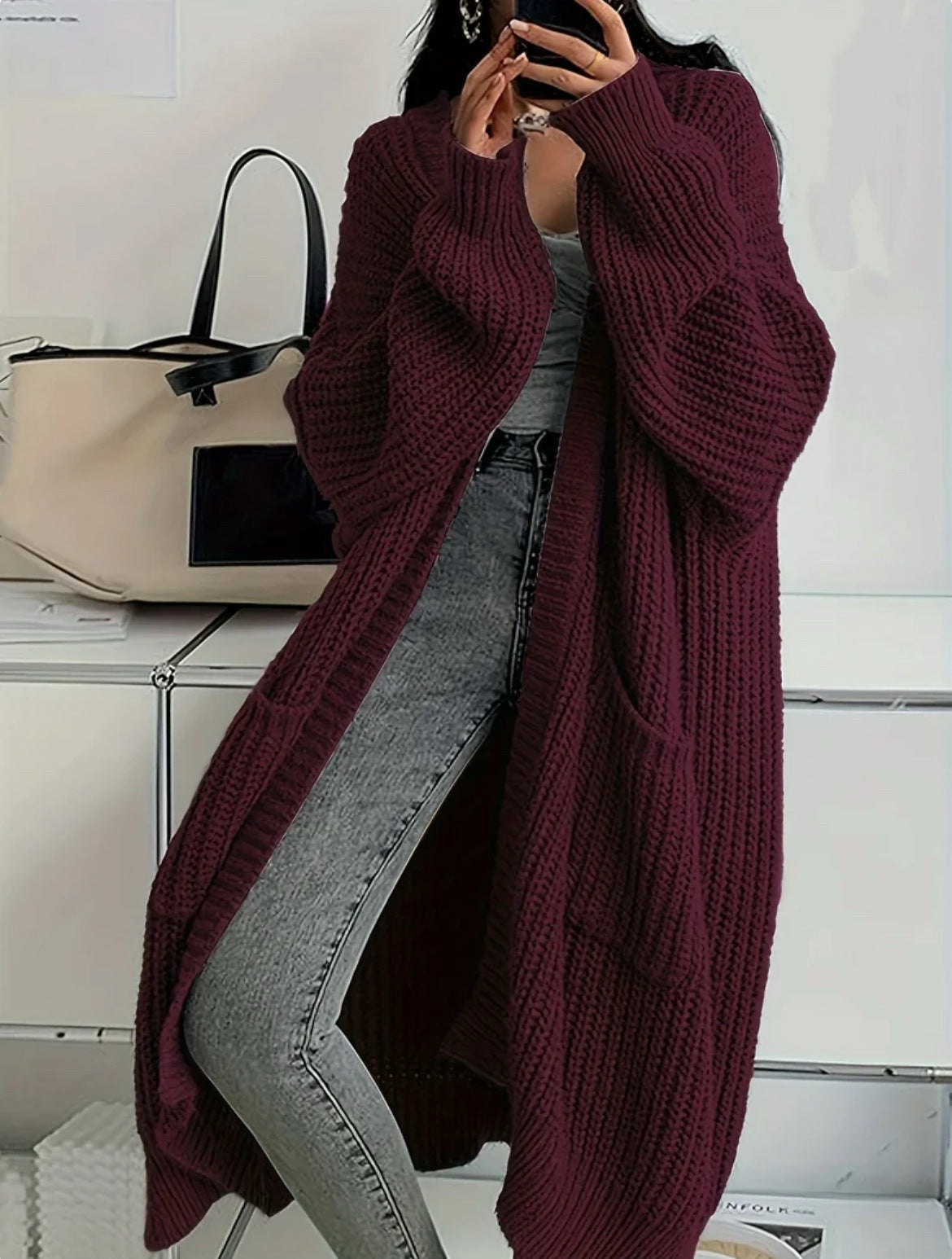 Women's Long Knitted Cardigan with Pockets