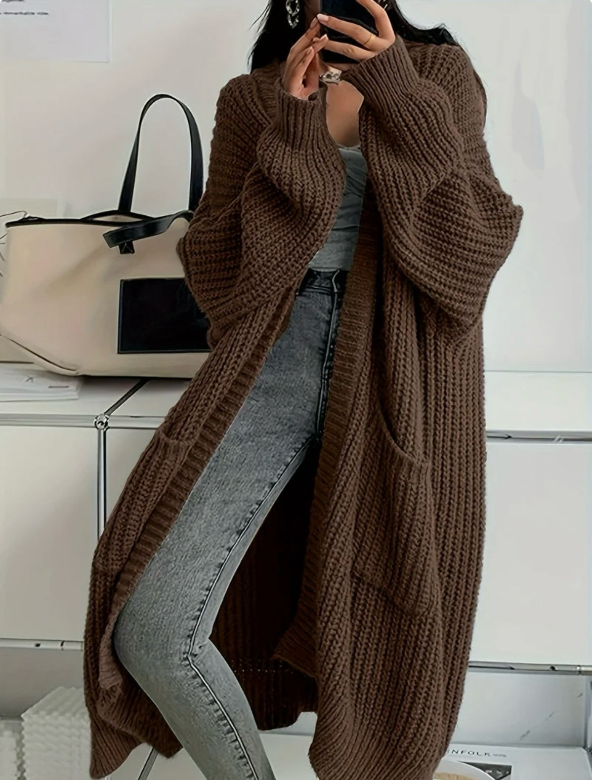 Women's Long Knitted Cardigan with Pockets – Brown