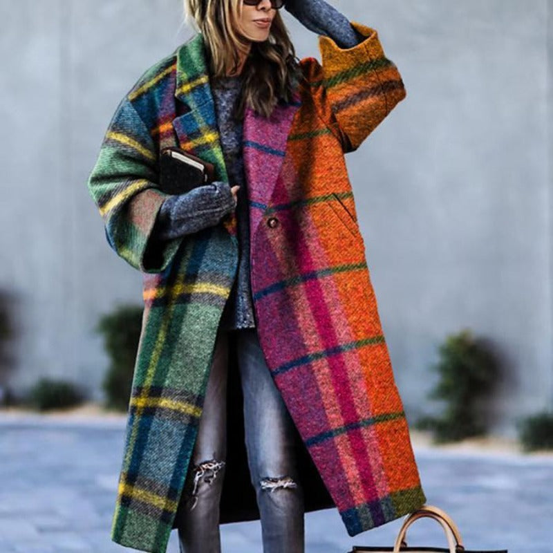 Long Oversized Padded Plaid Coat - Orange Plaid