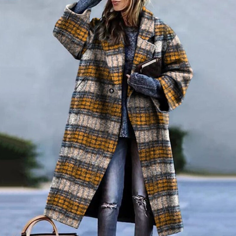 Long Oversized Padded Plaid Coat - Yellow Plaid