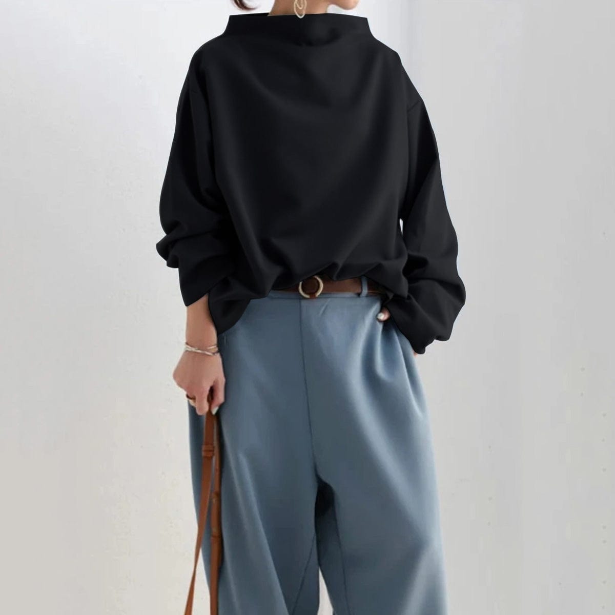 Women's High Neck Relaxed Top with Long Sleeves