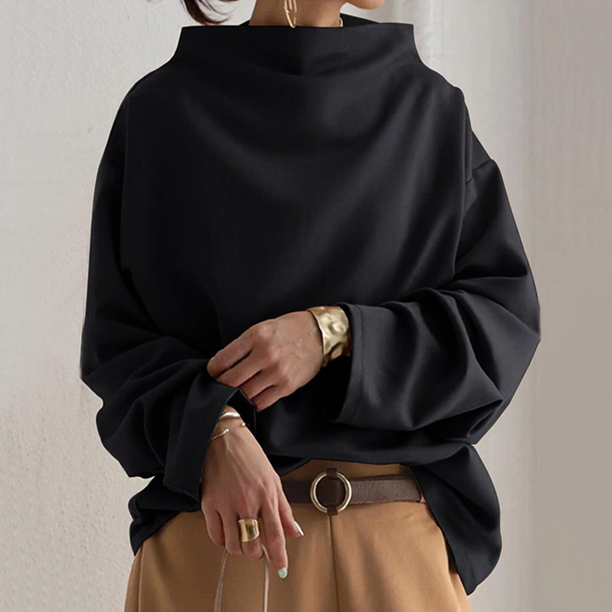 Women's High Neck Relaxed Top with Long Sleeves – Black