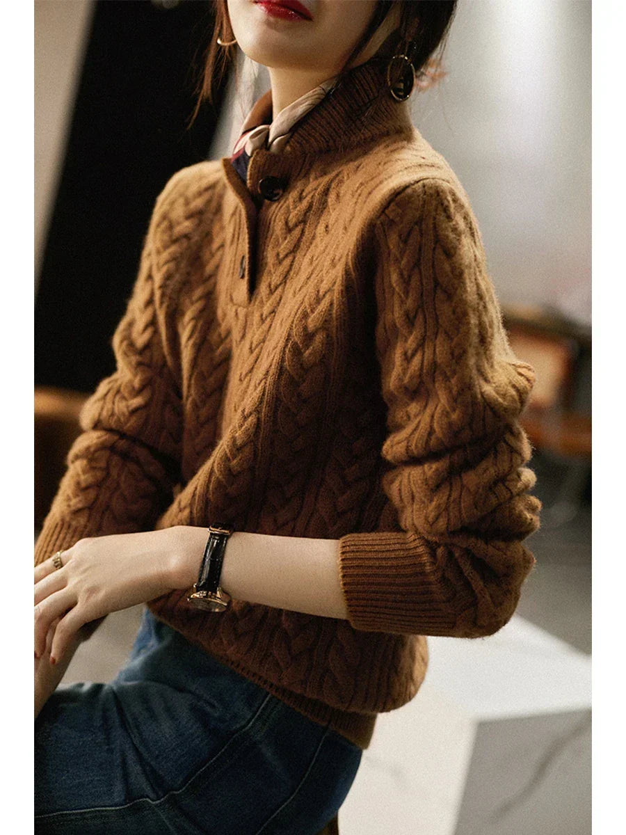 Women's Cable Knit Jumper with Button Neck