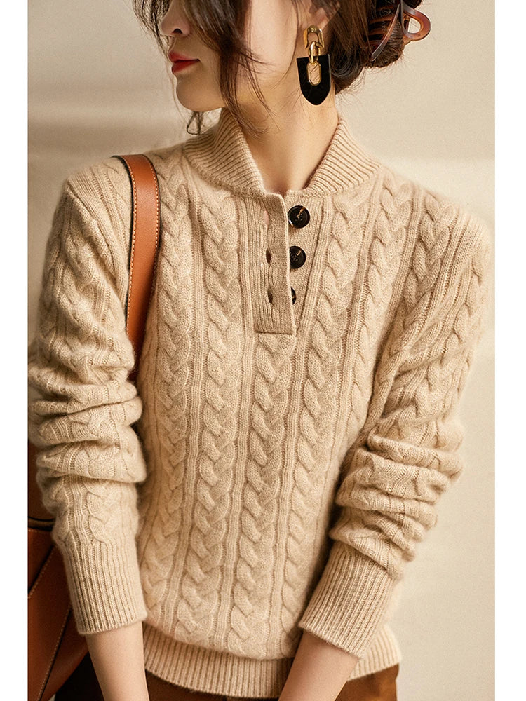 Women's Cable Knit Jumper with Button Neck