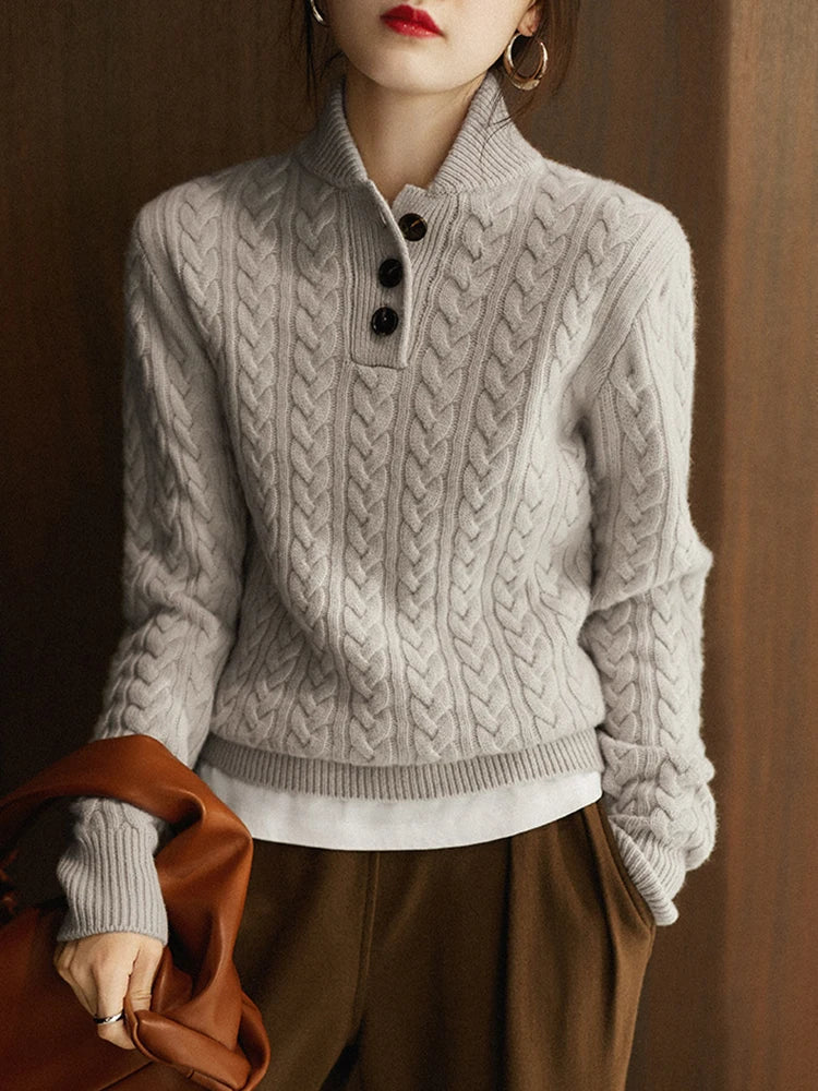 Women's Cable Knit Jumper with Button Neck