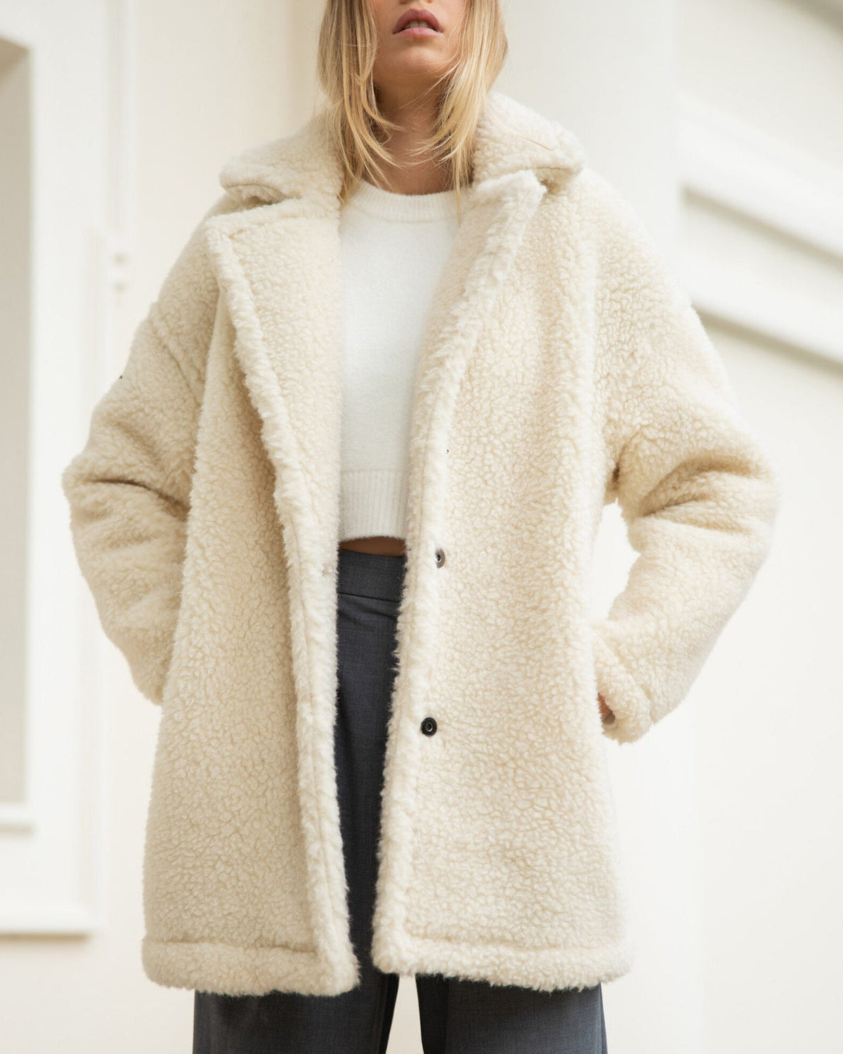 Women's Wool Plush Teddy Coat – Natural White, Unlined 1