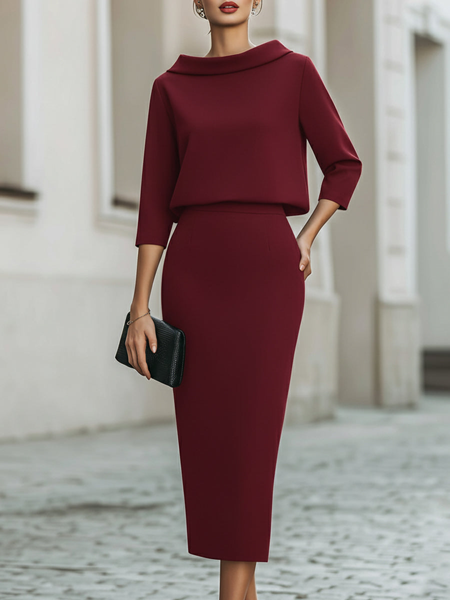 Boat Neck Top and Midi Skirt Set - Burgundy