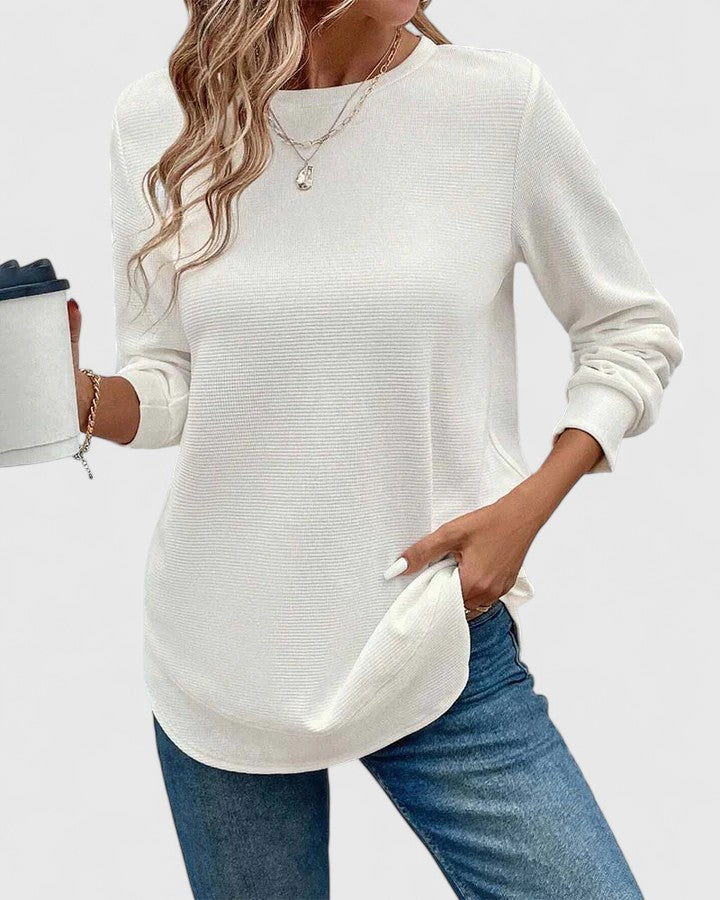 Women's Waffle Knit Crew Neck Top with Long Sleeves