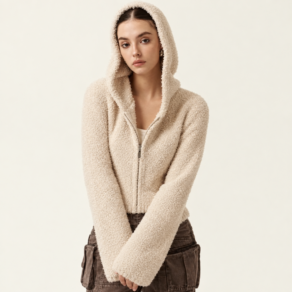 Women's Cropped Teddy Zip Hoodie in Cream
