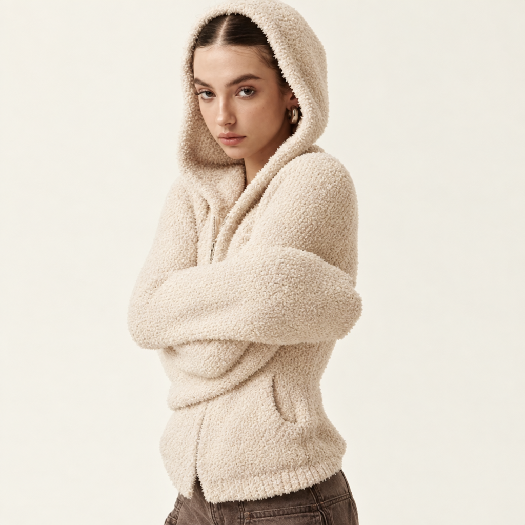 Women's Cropped Teddy Zip Hoodie in Cream