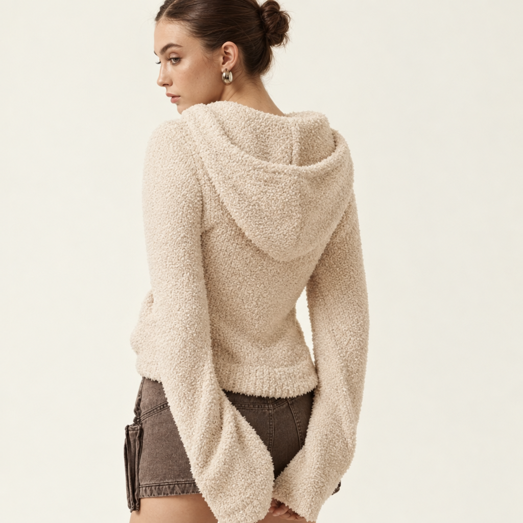 Women's Cropped Teddy Zip Hoodie in Cream