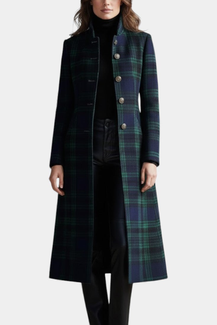 Tailored Plaid Coat with Stand Collar