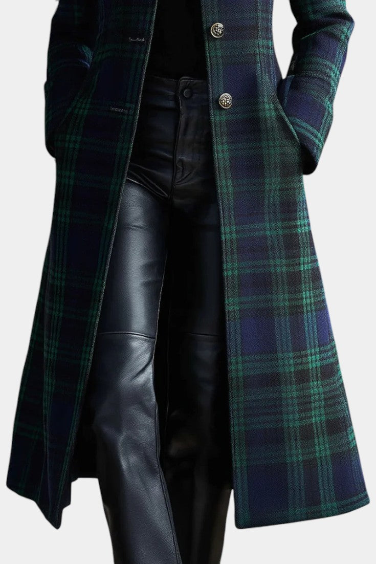 Tailored Plaid Coat with Stand Collar