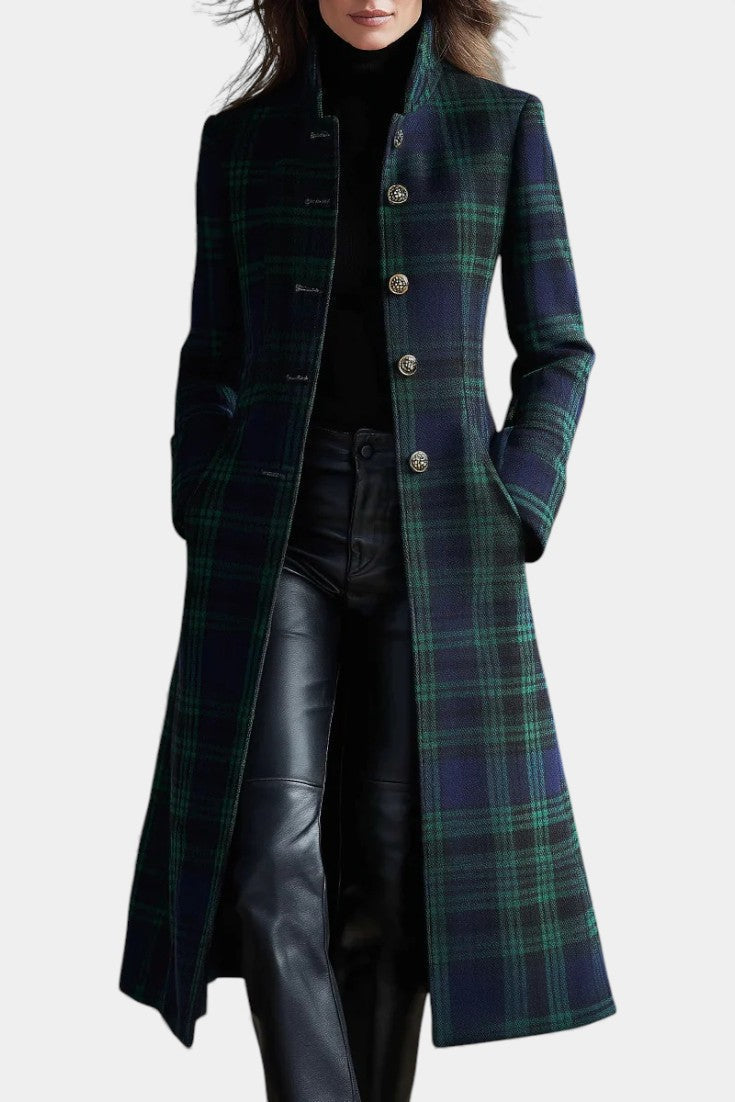 Tailored Plaid Coat with Stand Collar - Blue-Green Plaid